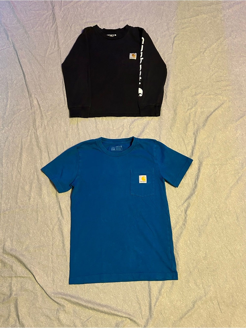 Lot of 2 Carhartt Kids Shirts - Black Long Sleeve (S) and Blue Short Sleeve (M)
